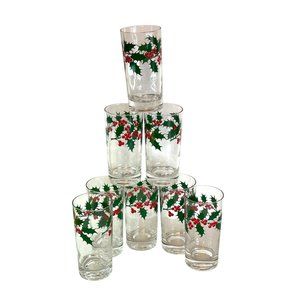 Christmas Tumbler Glass Set Holly Berry Vintage Indiana Glass Original Box 12oz